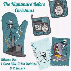 THE NIGHTMARE BEFORE CHRISTMAS Jack & Sally COTTON 5 PC. Teal KITCHEN LINENS SET